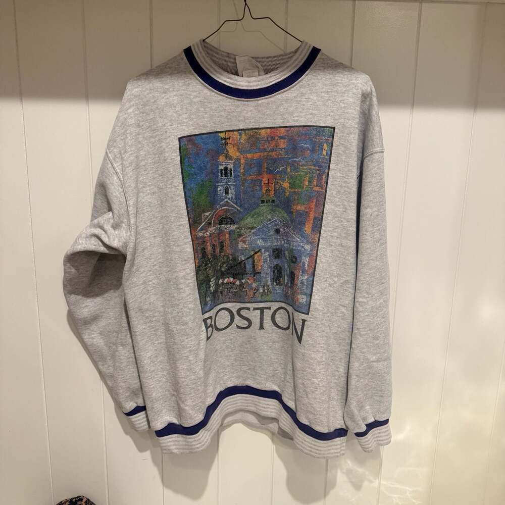 Vintage Hatteras Classic Boston Massachusetts Landmarks Graphic Crewneck Sweatsh